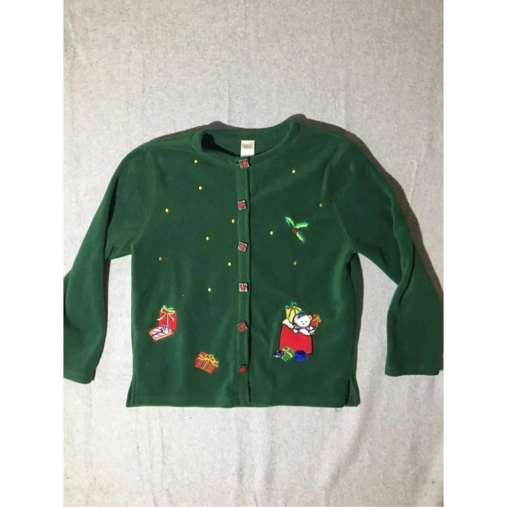 Womens Premier International Sweater Size XL Green Presents Button Up Christmas